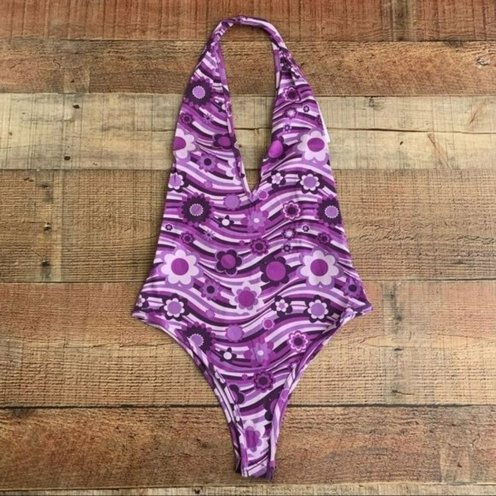 Adika retro hippie floral halter tank top bodysuit in purple - XS NWTs